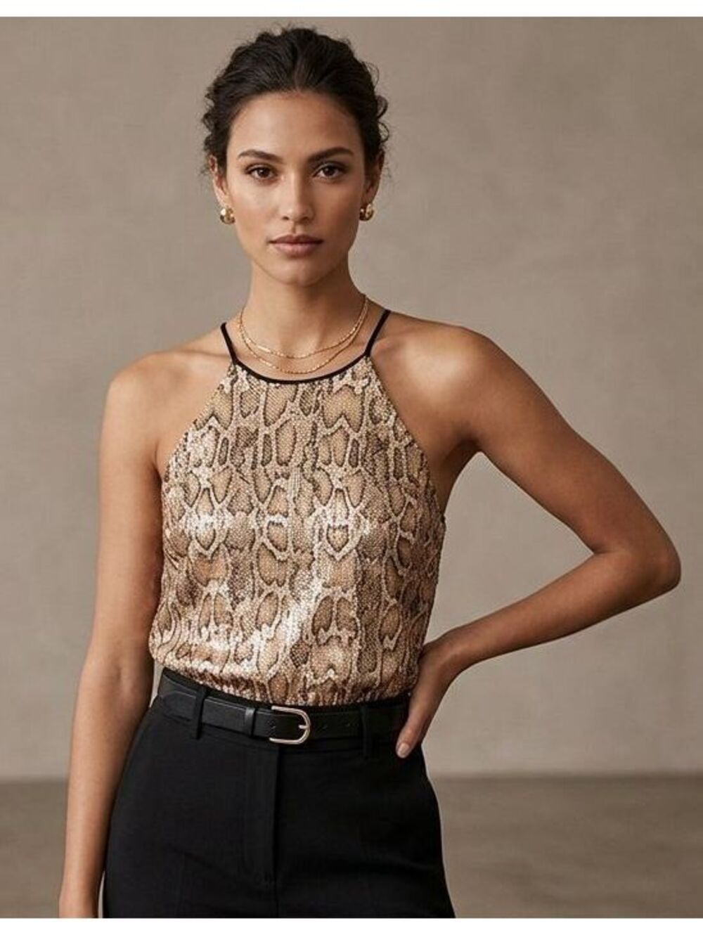 Zara women's size S Sequin Halter Tank Top Gold Snake Print Y2k